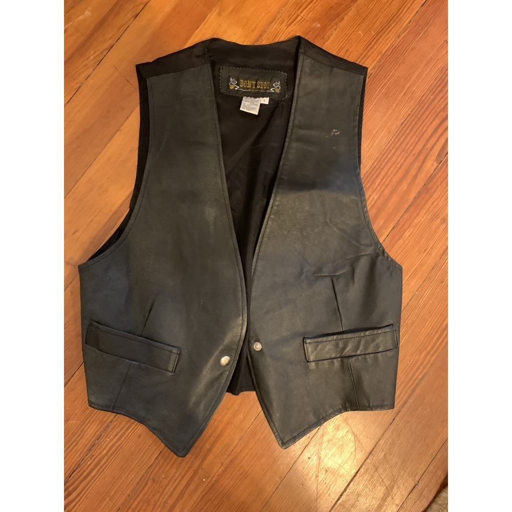 Vtg Biker Mens Black Leather Motorcycle Vest Sz S Don't Stop Pockets  Snap Frt